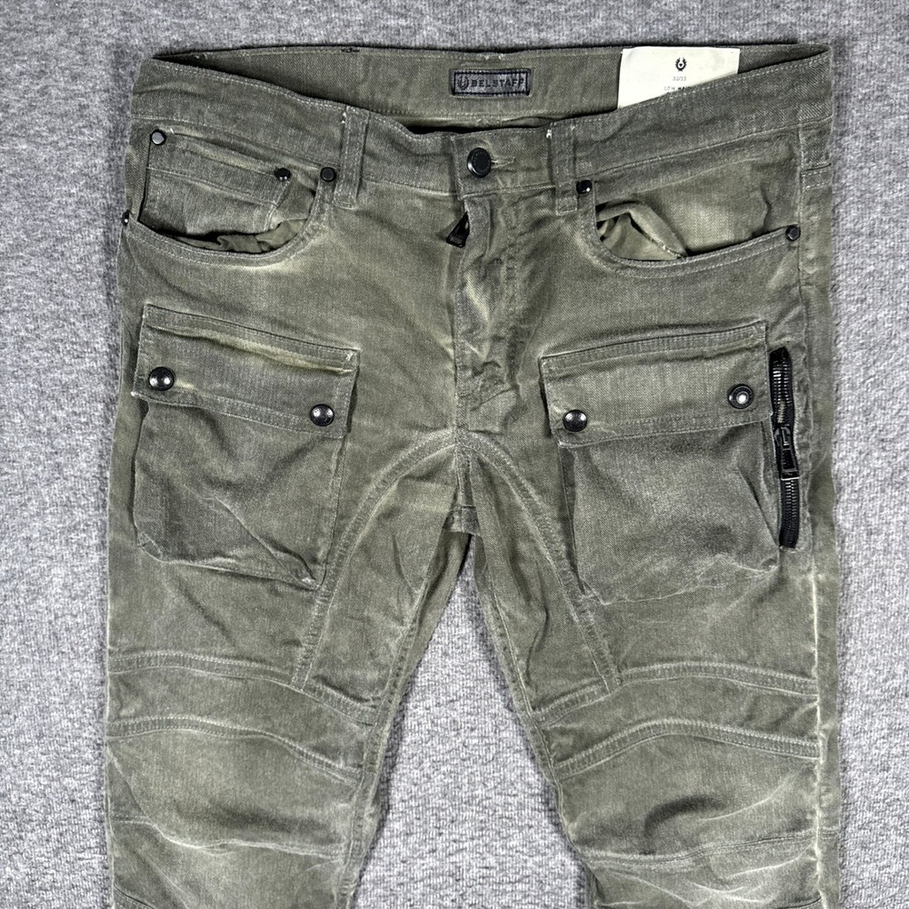 Belstaff Felmore Moto Cargo Pants Mens 32/33 Olive Green Slim Low Waist Biker